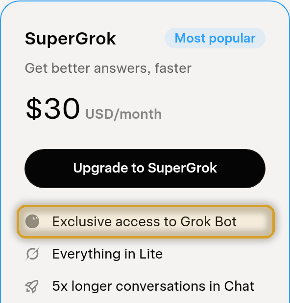 Screenshot of the SuperGrok plan card on xAI's plans page: marked Most popular, $30 USD/month, with 'Exclusive access to Grok Bot' highlighted as the first feature.